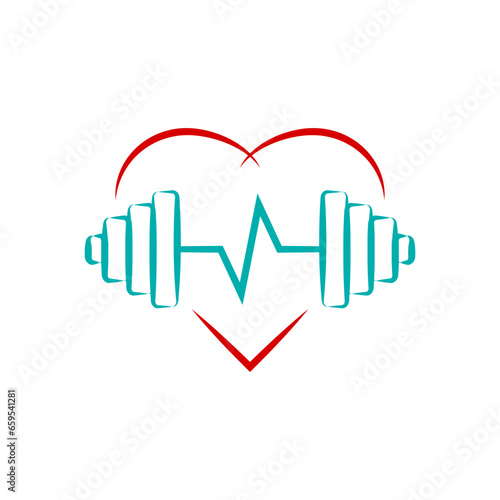 Heart with pulsating rhythm inside and barbell together. Color vector on white background.