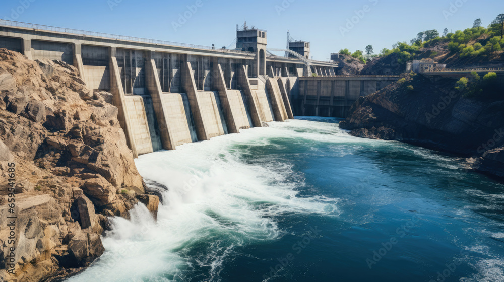 modern large hydroelectric power station on the river, bird's eye view from above, alternative renewable energy source, safe, electricity, eco-friendly, natural resource, water flow, stream, blue sky