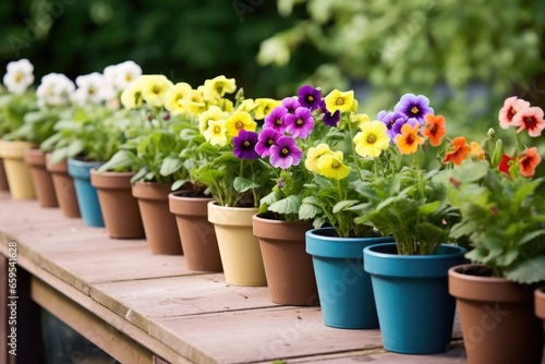 increasing row of flowerpots with matching flowers