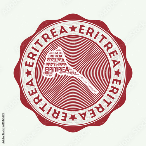 Eritrea seal. Country round logo with shape of Eritrea and country name in multiple languages wordcloud. Authentic emblem. Superb vector illustration.