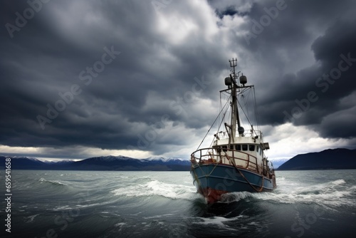 fishing trawler on the high seas under stormy clouds