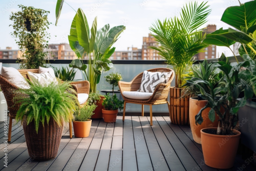 an urban roof terrace with potted plants and modern furniture an urban roof terrace with potted plants and modern furniture