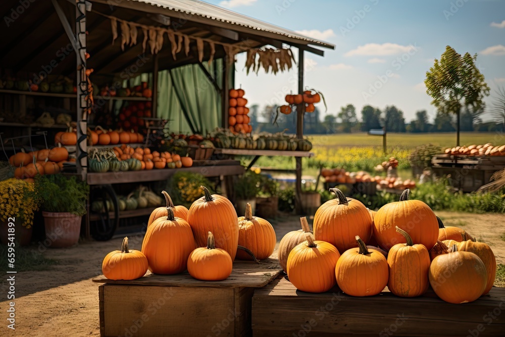pumpkins for sale in front of farm Generative AI