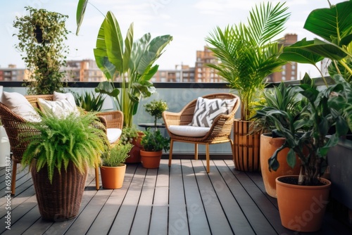 an urban roof terrace with potted plants and modern furniture