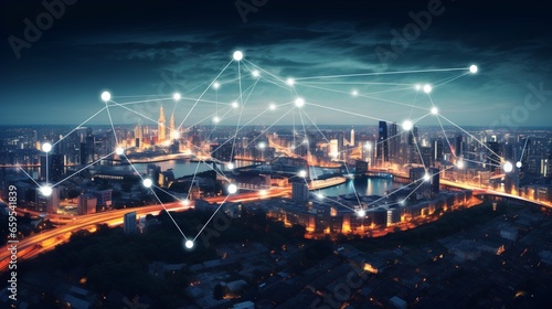 Cityscape of urban connections and business environment with wireless network technologies. Integration of IOT technology and 5G internet in modern cities.