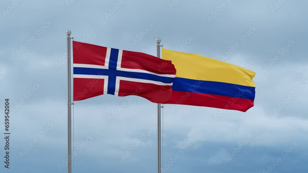 Colombia and Norway flag waving together on cloudy sky, endless seamless loop, two country cooperation concept Colombia and Norway flag waving together on cloudy sky, endless seamless loop, two country cooperation concept