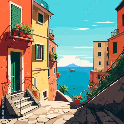 simple flat 2D illustration, hand drawn, cinque terre, italy. Beautiful view on the cinque terre coastline with typical Italian houses. Amazing Cinque terre. Tourist destination, travel destination. A