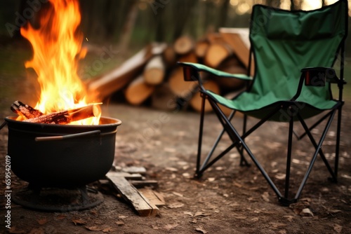 empty camping chair next to a crackling fire