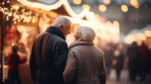 Cute elderly couple, standing hand in hand in Christmas market. Happy lifelong old love for each other. Winter season with Christmas decorations and lights adding a festive touch to the scene. © TensorSpark