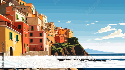 simple flat 2D illustration, hand drawn, cinque terre, italy. Beautiful view on the cinque terre coastline with typical Italian houses. Amazing Cinque terre. Tourist destination, travel destination. A