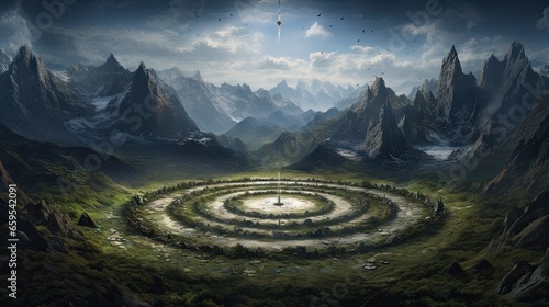  a painting of a circular maze in the middle of a mountain range. generative ai
