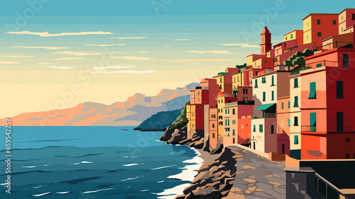 simple flat 2D illustration, hand drawn, cinque terre, italy. Beautiful view on the cinque terre coastline with typical Italian houses. Amazing Cinque terre. Tourist destination, travel destination. A