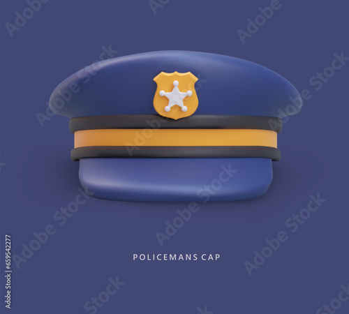 3D policeman cap, front view. Uniform accessory, headdress of policeman. Golden cockade with star. Vector illustration on blue background. Template for web design. Advertisement of police academy