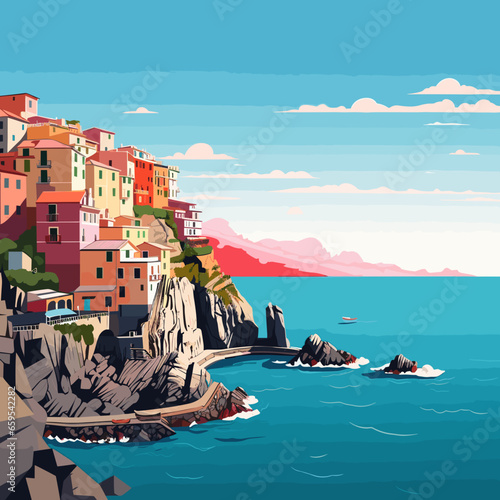 simple flat 2D illustration, hand drawn, cinque terre, italy. Beautiful view on the cinque terre coastline with typical Italian houses. Amazing Cinque terre. Tourist destination, travel destination. A