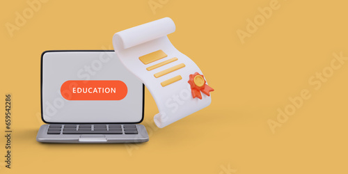 Online study of legal law. Advanced training, study of amendments to laws. Online courses for practicing lawyers. 3D certificate, laptop, button link to site