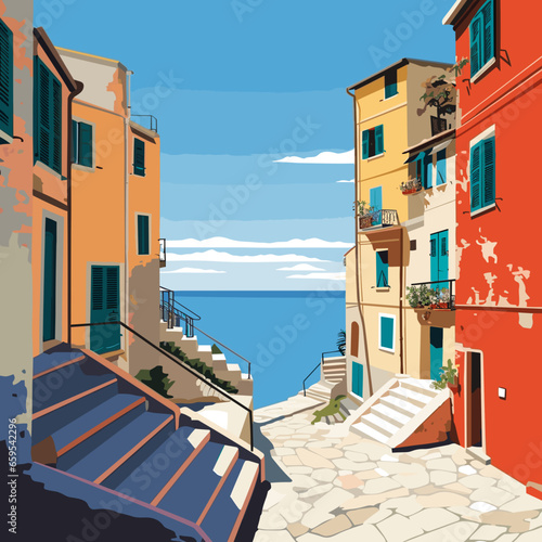 simple flat 2D illustration, hand drawn, cinque terre, italy. Beautiful view on the cinque terre coastline with typical Italian houses. Amazing Cinque terre. Tourist destination, travel destination. A