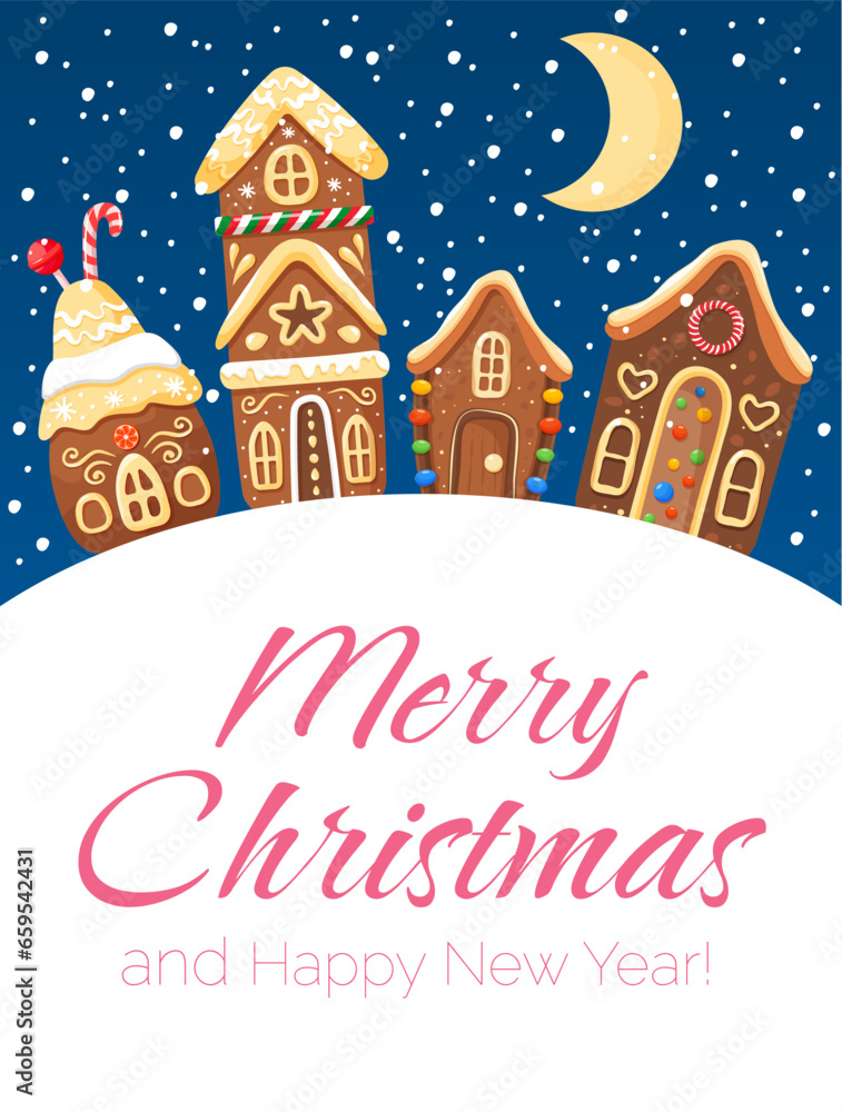 Christmas greeting card with colorful background. Gingerbread houses and snowy weather. Merry Christmas and happy new year