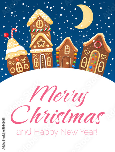 Christmas greeting card with colorful background. Gingerbread houses and snowy weather. Merry Christmas and happy new year © Natalia Korshunova