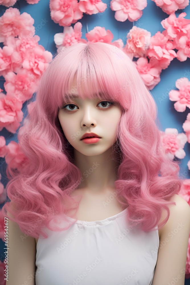 Serene Asian woman with pink wavy hair amidst vibrant cherry blossoms backdrop Serene Asian woman with pink wavy hair amidst vibrant cherry blossoms backdrop