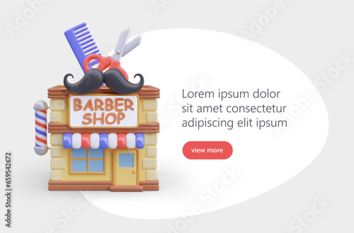 Color template for barbershop advertising. 3D hair salon with sign, barber pool, text. Color background, landing page button. Flyer, banner, poster layout