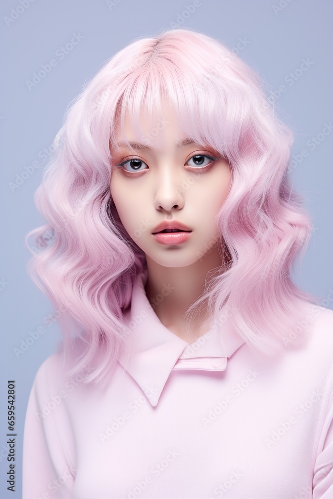 Serene Japanese ulzzang girl with pastel pink wavy hair and polo shirt against blue background Serene Japanese ulzzang girl with pastel pink wavy hair and polo shirt against blue background