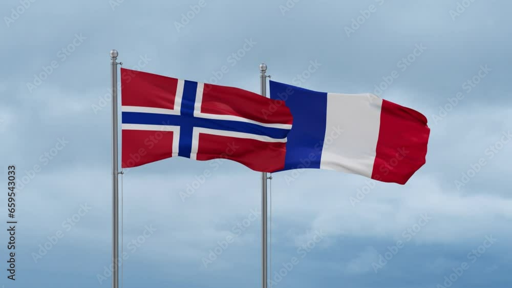 France and Norway flags waving together on cloudy sky, endless seamless loop, two country relations concept France and Norway flags waving together on cloudy sky, endless seamless loop, two country relations concept