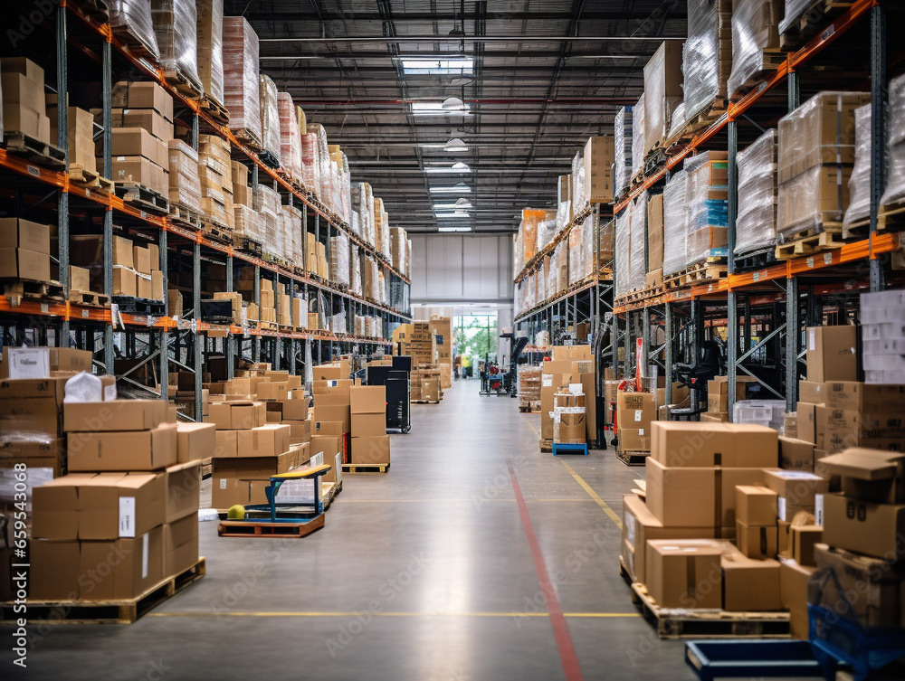 A fully stocked and organized warehouse with rows of shelves filled with various items. A fully stocked and organized warehouse with rows of shelves filled with various items.