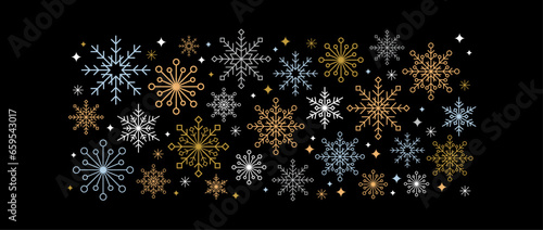 Collection of snowflakes, stars, Christmas decorations, hand drawn illustrations