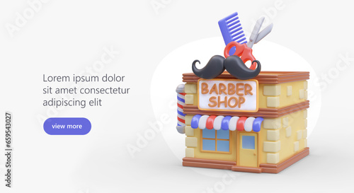 Poster with model of house for barber shop in realistic style. Online ordering of haircut services. Web page with button and place for text. Vector illustration