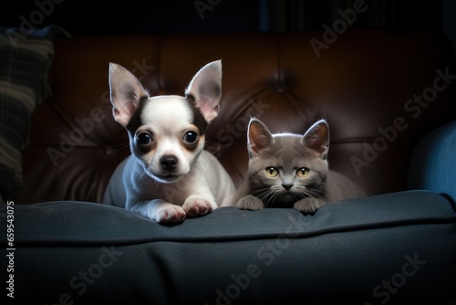 Chihuahua and cat lying together on a sofa at home.