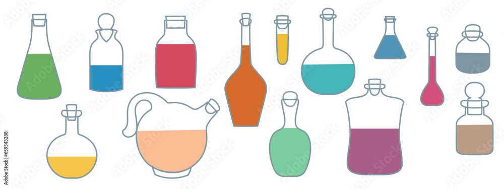 Laboratory glassware vector set isolated on white background. Graduated lab tube, beaker and flask filled different colors liquids illustration. Laboratory glassware vector set isolated on white background. Graduated lab tube, beaker and flask filled different colors liquids illustration.
