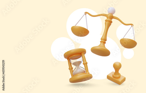 Placard with realistic 3d hourglasses, seal and golden weights of justice. Concept of jurisdiction, veracity and law. Vector illustration in yellow colors and place for text