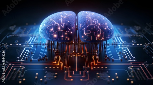 Big data and artificial intelligence concept. Human brain glowing from processor, symbolizing the fusion of human intelligence and machine learning capabilities. Evolution of technology of data.