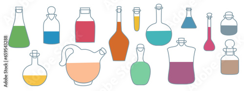 Laboratory glassware vector set isolated on white background. Graduated lab tube, beaker and flask filled different colors liquids illustration.