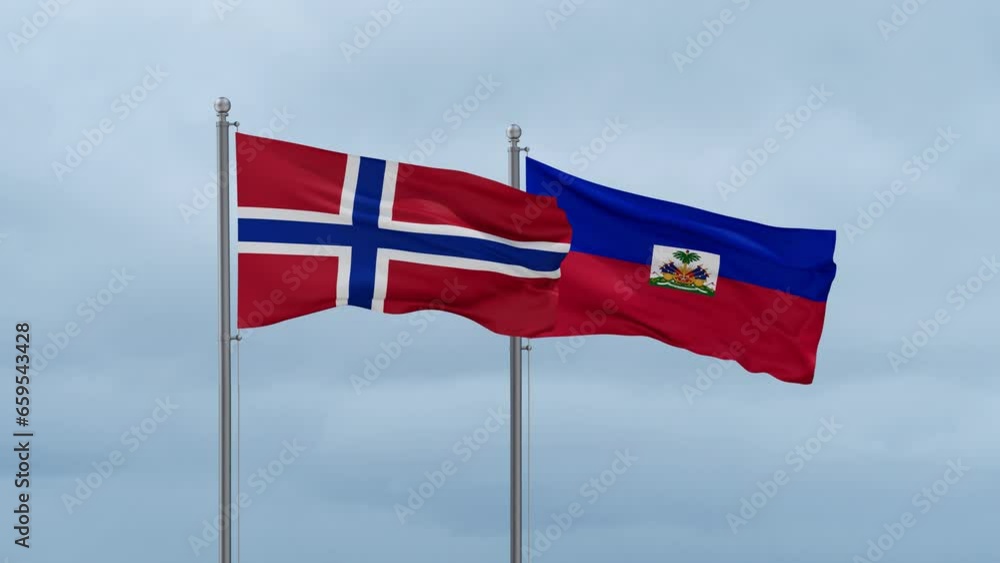Haiti flag and Norway flag waving together on cloudy sky, endless seamless loop, two country relations concept Haiti flag and Norway flag waving together on cloudy sky, endless seamless loop, two country relations concept