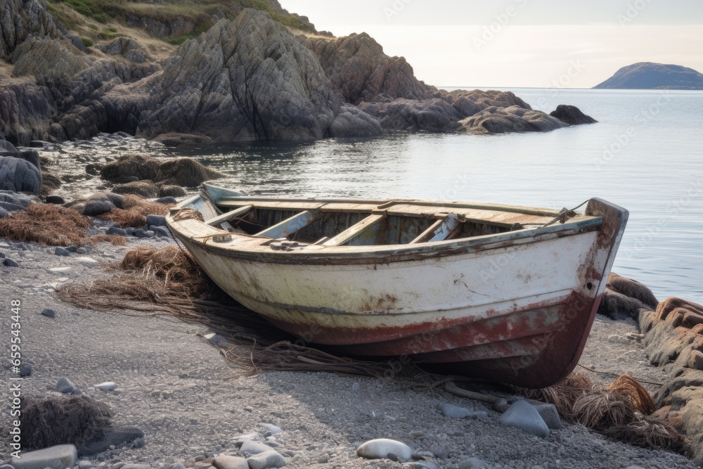 aged boat, presumably used for escape, on a rocky shoreline