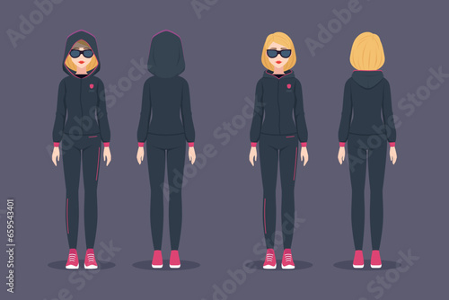 Information security girl in dark sport costume with hood. Character poses pack fron and back. Woman illustartion for game. advertisign or education