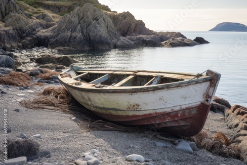 aged boat  presumably used for escape  on a rocky shoreline