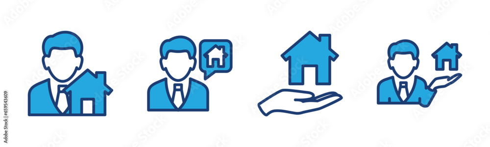 Realtor icon set. Estate or housing agent icon symbol. Offer a house. Offering residential homes. Residential home promotion. Vector illustration Realtor icon set. Estate or housing agent icon symbol. Offer a house. Offering residential homes. Residential home promotion. Vector illustration