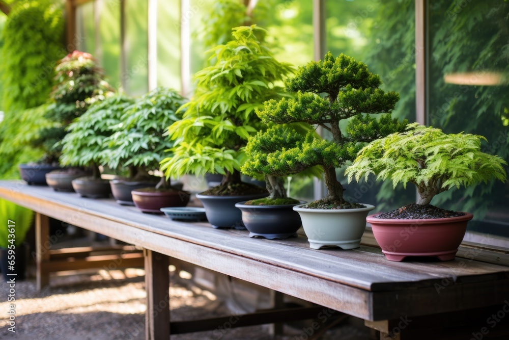a series of small bonsai trees each in traditional bowls