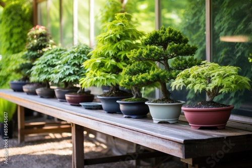 a series of small bonsai trees each in traditional bowls