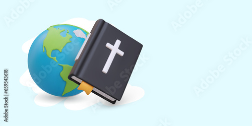 3D globe, giant Bible. Concept of Christianity. Missionary. Spread of religion worldwide. Unity and mutual support of believers. Horizontal banner on blue background