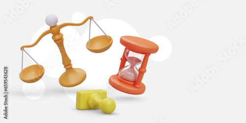 3D balancing scales, stamp, hourglass. Vector composition of floating objects. Law and order. Honest verdict, balanced decision. Color template for web design