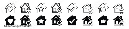 Favorite house line icon set. House with heart, star, check mark, and thumb up icon symbol. Selected home or house of choice. Vector illustration