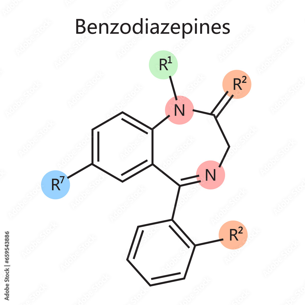 Chemical organic formula of benzodiazepine diagram schematic raster illustration. Medical science educational illustration Chemical organic formula of benzodiazepine diagram schematic raster illustration. Medical science educational illustration