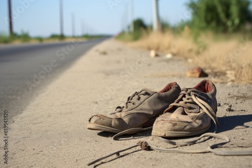 a pair of old, worn-out shoes next to a road