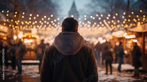 Man standing in vibrant Christmas market, gazing at beautiful and twinkling lights. Lost in thoughts, observing the joyous happy people around him. Be lonely in winter season with snow and crispy air
