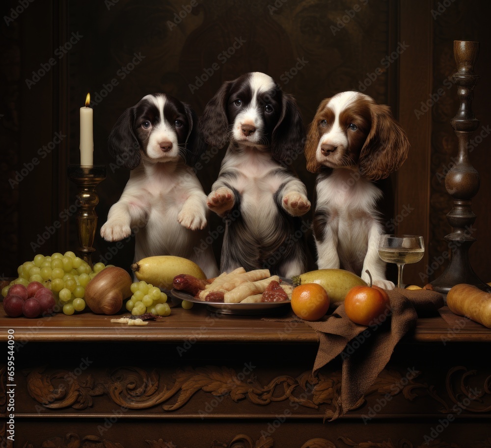 three of cute puppies dog sitting at the dinner table with lots of dishes