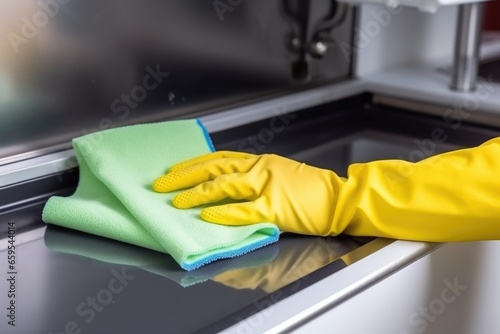 latex gloves cleaning dusty appliance surface with sponge