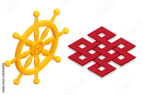 Iometric Buddhist monks, budhist endless knots circle budhism symbol gold coin. Dharmachakra Dharma Wheel symbol in Buddhism.
